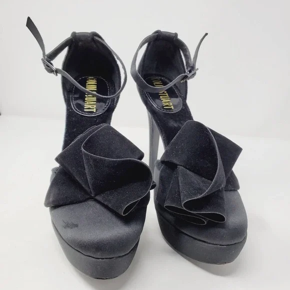 Colin Stuart Women Black Ruffled Satin High Heels Leather Sole Shoes Sz 6.5 - Picture 3 of 13